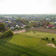 An aerial view of a field of crops.